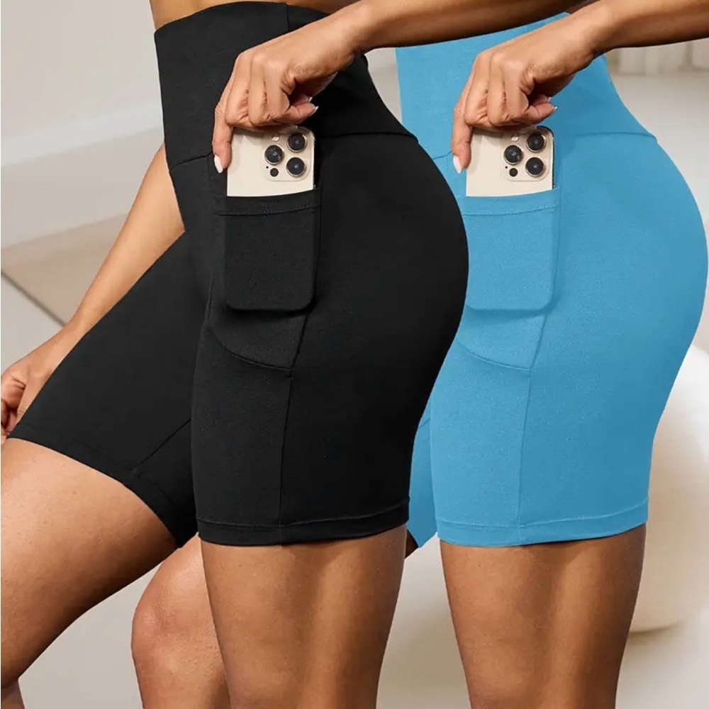 2 Pair High-Waisted Black and Blue Women’s Yoga Athletic Shorts XL